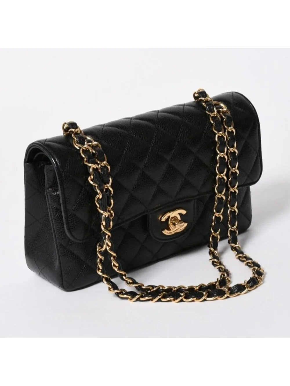 Chanel Quilted 23 Double Flap Chain Shoulder Bag CC Logo Caviar Leather Black